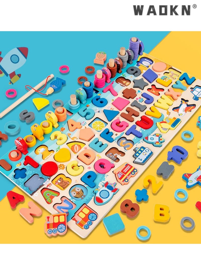 WAOKN Wooden Number Puzzles Toys for Toddlers, Preschool Educational Toys，7-in-1 Color Alphabet Shape Number Sorting Fishing Game Toys, Wooden Puzzles for Fishing, Counting, Sorting, Best Gift - Image 1