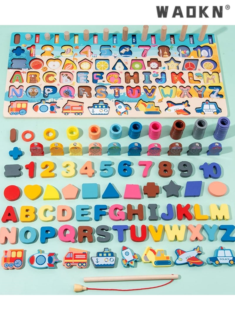 WAOKN Wooden Number Puzzles Toys for Toddlers, Preschool Educational Toys，7-in-1 Color Alphabet Shape Number Sorting Fishing Game Toys, Wooden Puzzles for Fishing, Counting, Sorting, Best Gift - Image 2