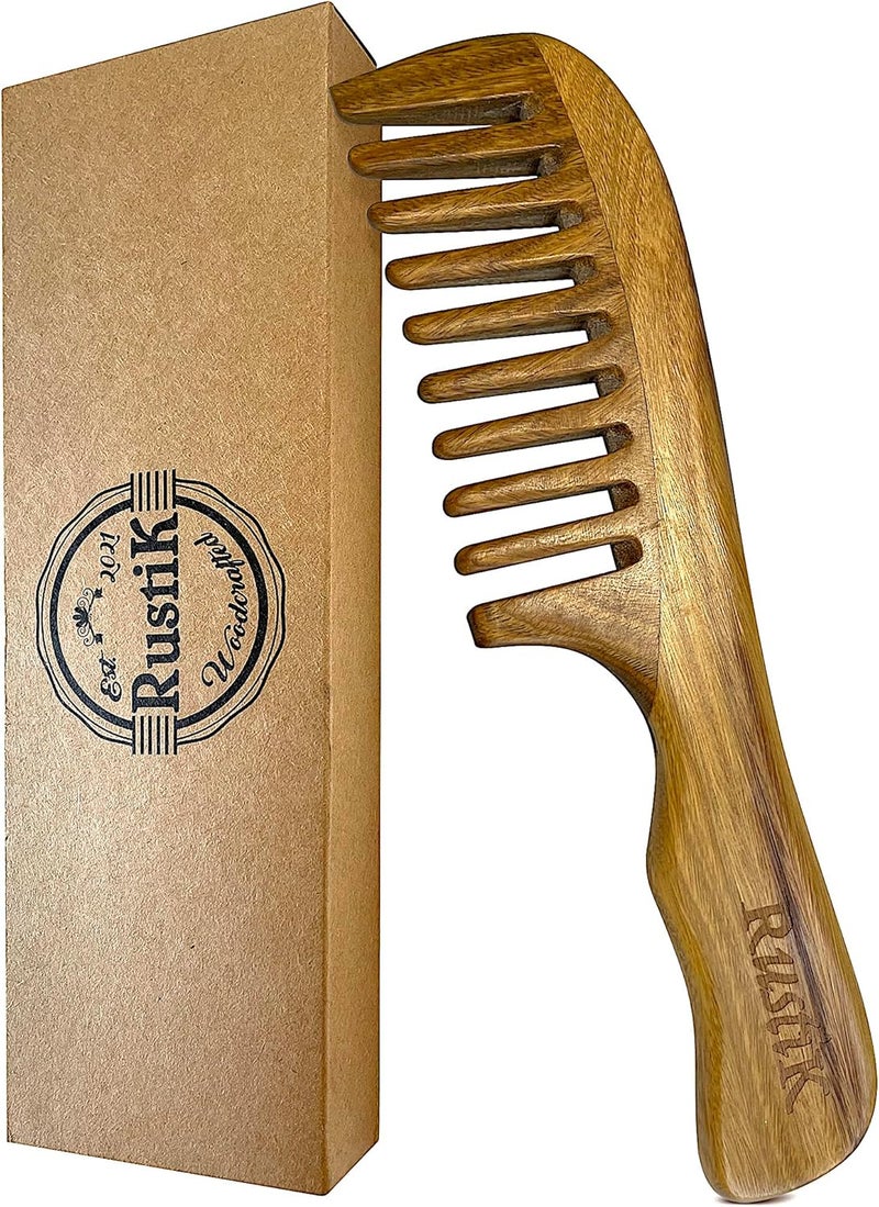 Sandalwood Wide Tooth Comb by RustiK Wooden Anti Static Detangling Scalp Massaging Hair Brush Great for curls and Thick Hair Woodcrafted for Men and Women