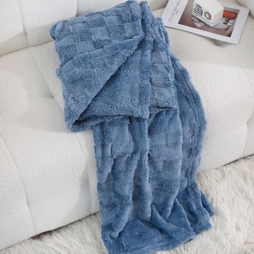 Linecooo Dusty Blue Fleece Throw Blanket 5060 for Couch Sofa BedSuper Soft Cozy Plush Microfiber Flannel Blanket with 3D Checkered Design Lightweight for AdultsWomanGirls - Image 3