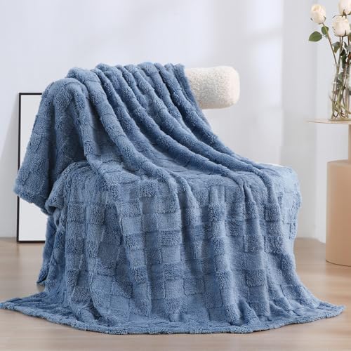 Linecooo Dusty Blue Fleece Throw Blanket 5060 for Couch Sofa BedSuper Soft Cozy Plush Microfiber Flannel Blanket with 3D Checkered Design Lightweight for AdultsWomanGirls - Image 1