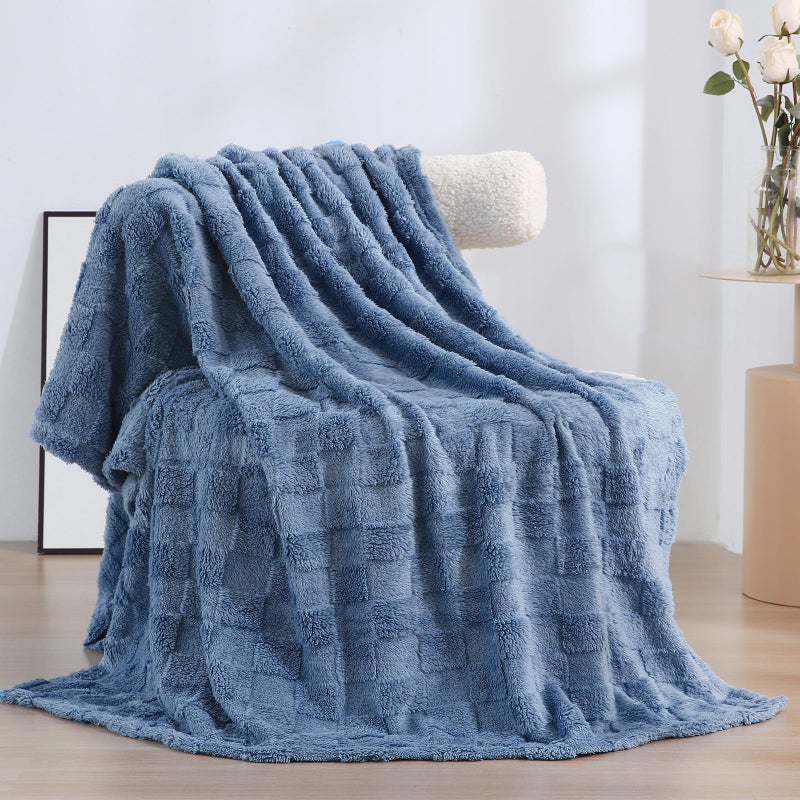 Linecooo Dusty Blue Fleece Throw Blanket 5060 for Couch Sofa BedSuper Soft Cozy Plush Microfiber Flannel Blanket with 3D Checkered Design Lightweight for AdultsWomanGirls - Image 2
