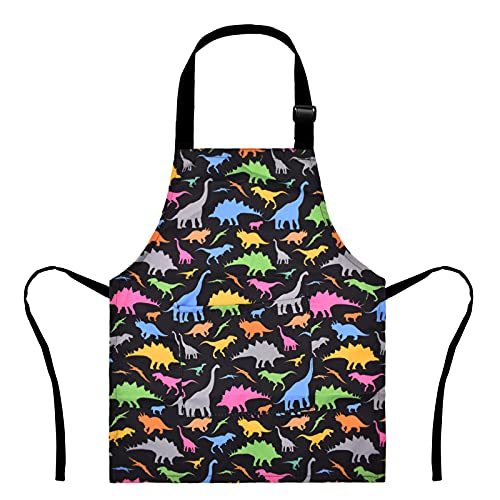 MRYUWB Kids Boys Dinosaur Apron with Pockets, Girls Aprons for Cooking, Painting, Kitchen Chef Apron for Children 3-12 Years (Black & Dinosaurs, Small (3-5 Years)) - Image 1
