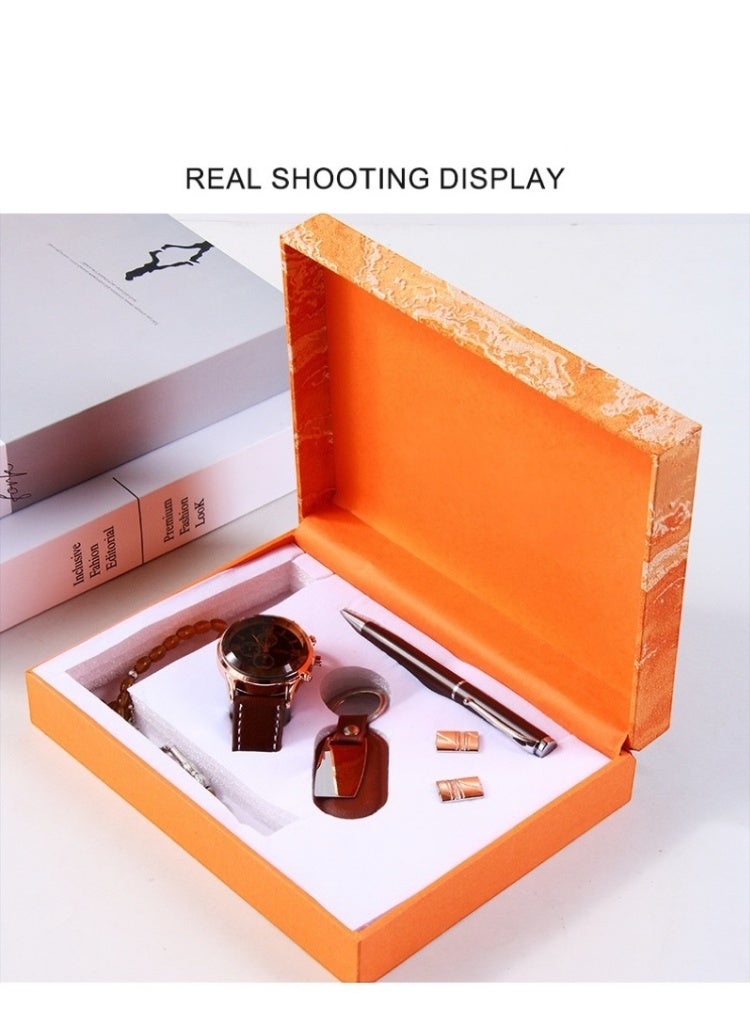 OLUDENIZ Men's Luxury Business Gift Set – Watch, Pen, Keychain, Misbaha, Cufflinks in Elegant Orange Box  - Image 1
