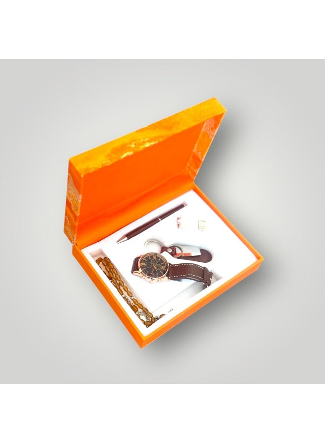 OLUDENIZ Men's Luxury Business Gift Set – Watch, Pen, Keychain, Misbaha, Cufflinks in Elegant Orange Box - Image 2