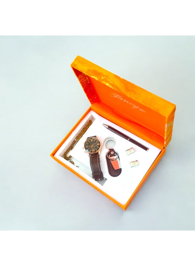 OLUDENIZ Men's Luxury Business Gift Set – Watch, Pen, Keychain, Misbaha, Cufflinks in Elegant Orange Box - Image 5