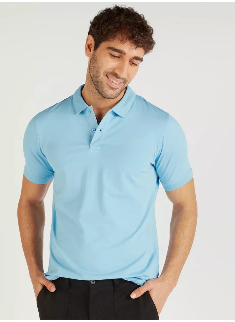 LOUD UNIVERSE Mens Sky Blue Plain Cotton Pique Summer Fabric Mens Polo Shirt  - Image 2