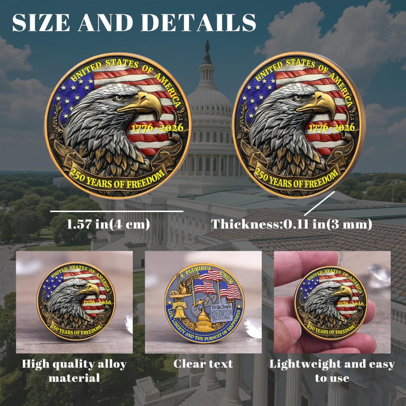 Zyviacy USA 250th Anniversary Commemorative Coin - American Eagle & Patriotic Symbols Collectible - America 250 Merchandise for Celebration & Gifting (1776-2026) (250 Eagle) - Image 3