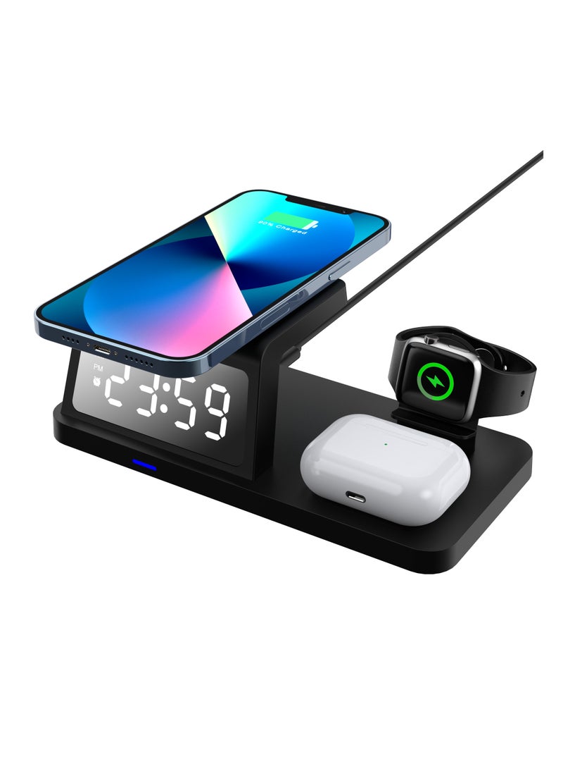 LED Alarm Clock with Fast Wireless Charging Station for iPhone 16/15/14/13/12 All Series & AirPods & iWatch & Samsung/Huawei/Xiaomi- Black - Image 2