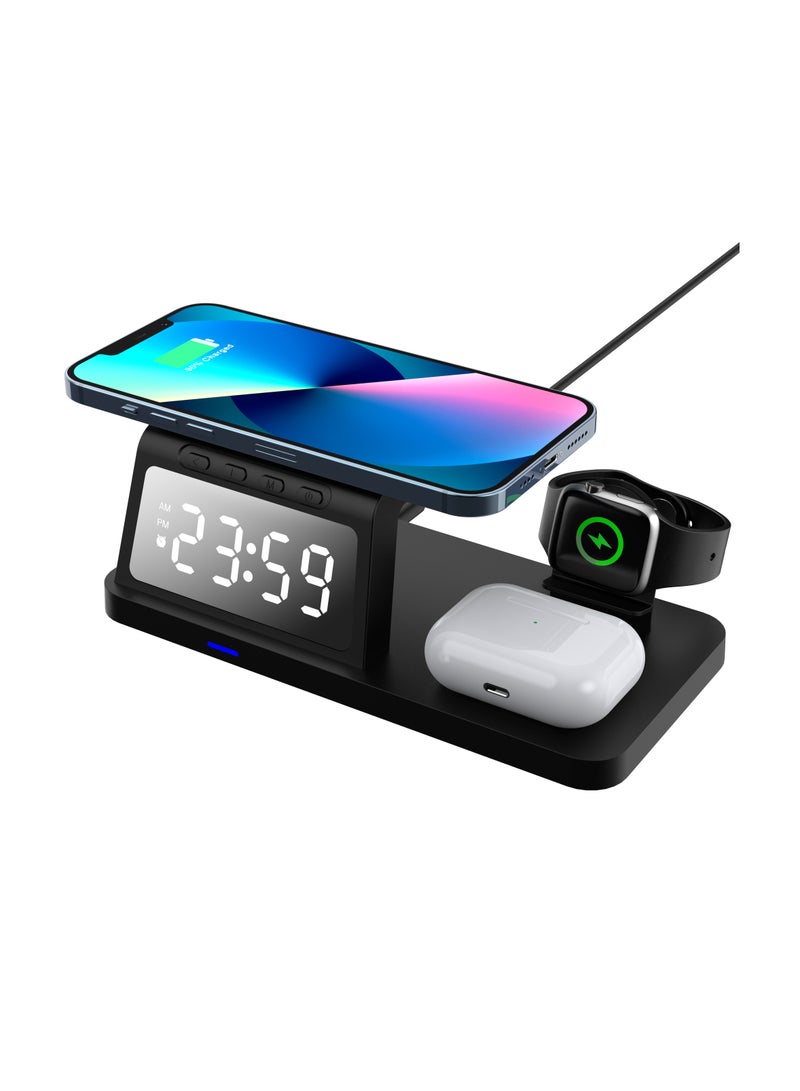 LED Alarm Clock with Fast Wireless Charging Station for iPhone 16/15/14/13/12 All Series & AirPods & iWatch & Samsung/Huawei/Xiaomi- Black - Image 1