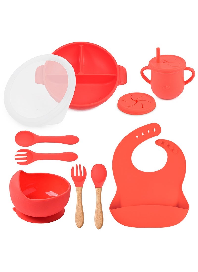 In Stock Childrens Dinner Plate Split Plate Baby Suction Type Silicone Bowl Set Childrens Food Supplemented Silicone Suction Bowl Y6 round partition bowl + lid + silicone bowl + saliva pocket + Love Cup + snack cup lid + wooden handle spoon Fork + silicone spoon Fork