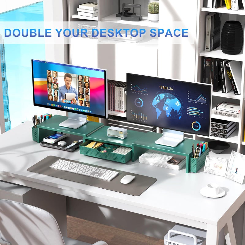 gianotter Dual Monitor Stand Riser, Desk Organizer With Drawer and 2 Pen Holders, Monitor Stand for Desk, Office Decor Essentials (Green) - Image 3
