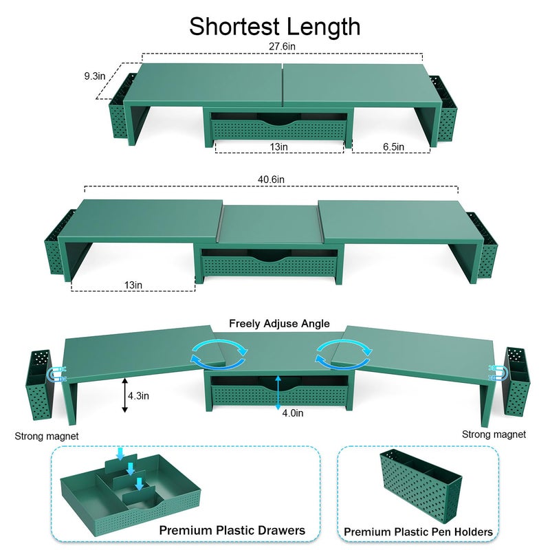 gianotter Dual Monitor Stand Riser, Desk Organizer With Drawer and 2 Pen Holders, Monitor Stand for Desk, Office Decor Essentials (Green) - Image 5