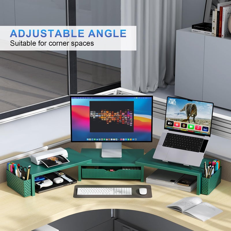 gianotter Dual Monitor Stand Riser, Desk Organizer With Drawer and 2 Pen Holders, Monitor Stand for Desk, Office Decor Essentials (Green) - Image 4