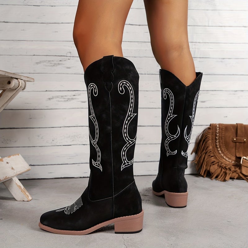 Thick Heel High Western Cowboy Boots Embroidered Sleeve Knight Boots Knight Boots - Image 5