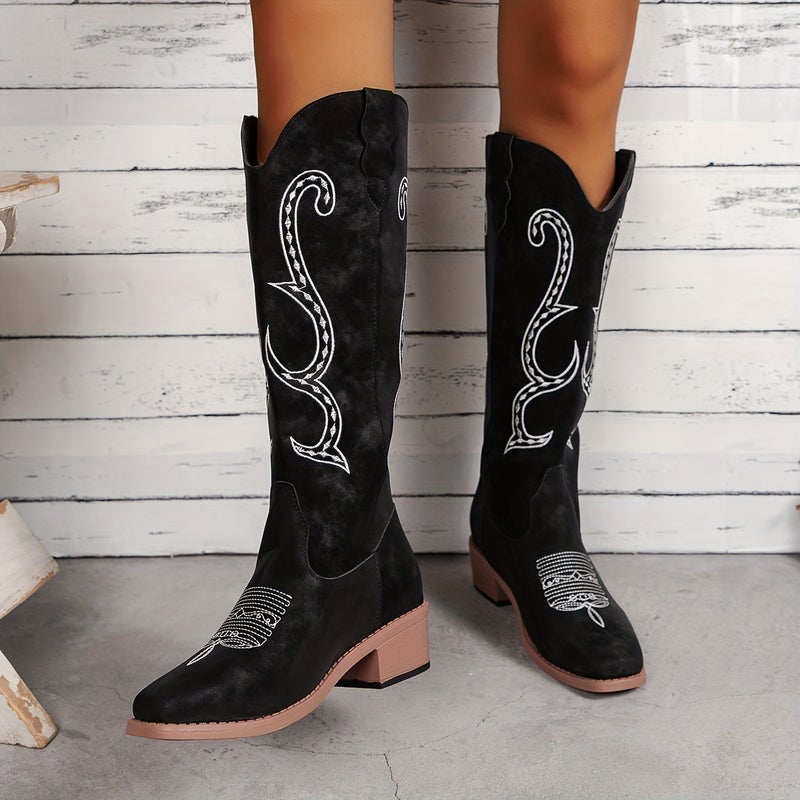 Thick Heel High Western Cowboy Boots Embroidered Sleeve Knight Boots Knight Boots - Image 4