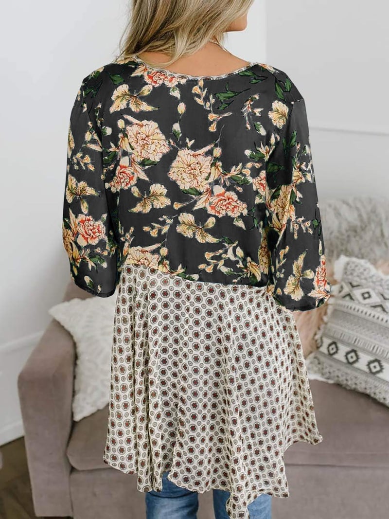 Saodimallsu Womens Tie Front Kimono Cardigans Floral Lightweight Ruffle 3/4 Sleeve Boho Flowy Beach Cover Ups Black - Image 3