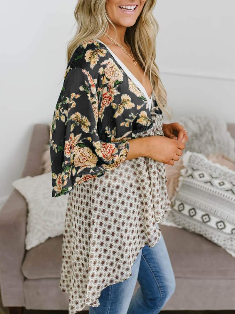 Saodimallsu Womens Tie Front Kimono Cardigans Floral Lightweight Ruffle 3/4 Sleeve Boho Flowy Beach Cover Ups Black - Image 2