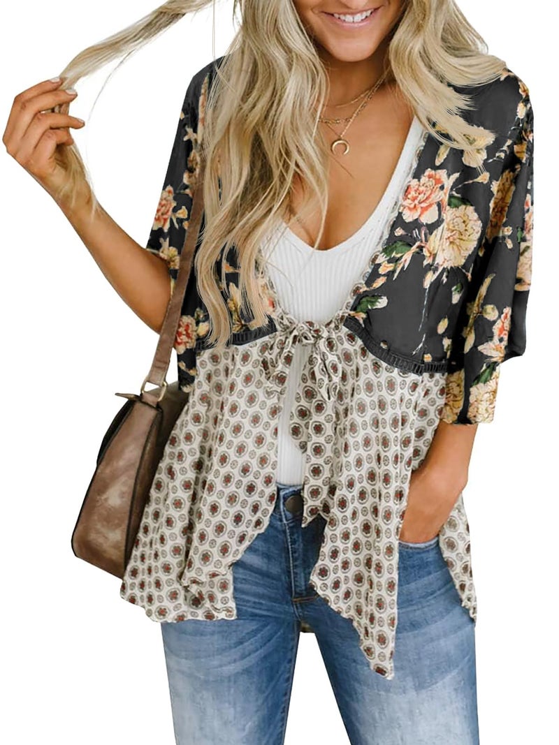 Saodimallsu Womens Tie Front Kimono Cardigans Floral Lightweight Ruffle 3/4 Sleeve Boho Flowy Beach Cover Ups Black - Image 1