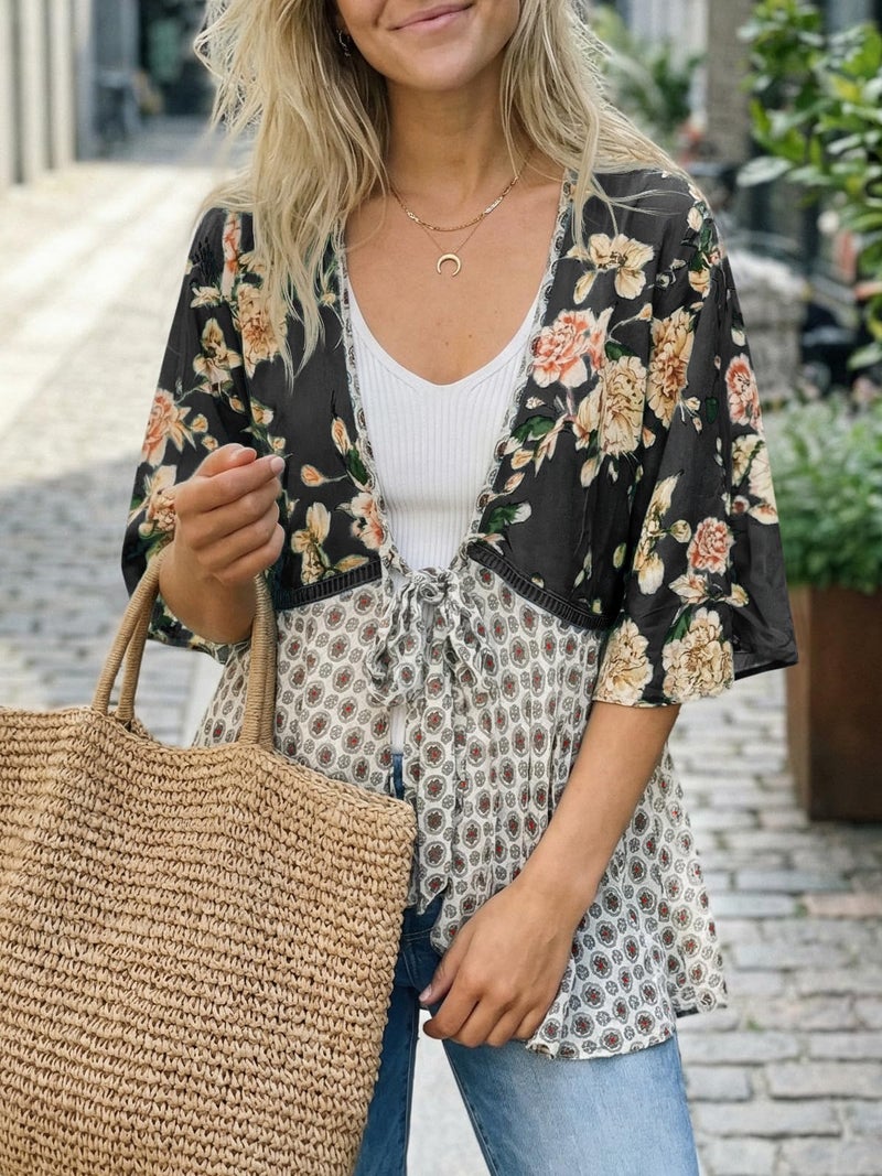 Saodimallsu Womens Tie Front Kimono Cardigans Floral Lightweight Ruffle 3/4 Sleeve Boho Flowy Beach Cover Ups Black - Image 4