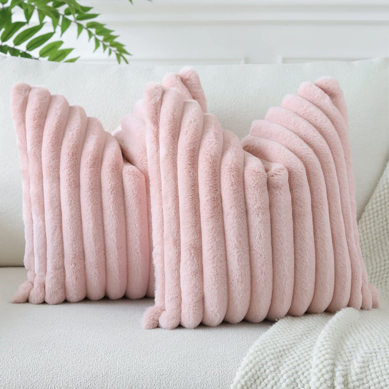Soleebee Set of 2 Throw Pillow Covers Soft Cozy Velvet Pillowcase Faux Rabbit Fur Cover for Couch Sofa Bed Chair Home Decorative Pillows Cover (24x24 Inch  Blush Pink) - Image 2
