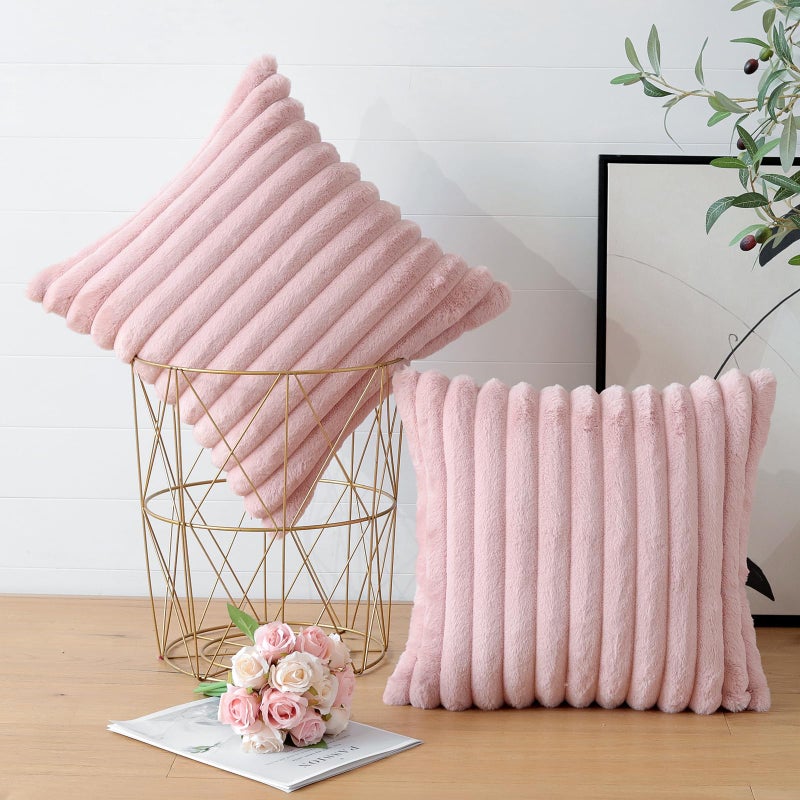 Soleebee Set of 2 Throw Pillow Covers Soft Cozy Velvet Pillowcase Faux Rabbit Fur Cover for Couch Sofa Bed Chair Home Decorative Pillows Cover (24x24 Inch  Blush Pink) - Image 4