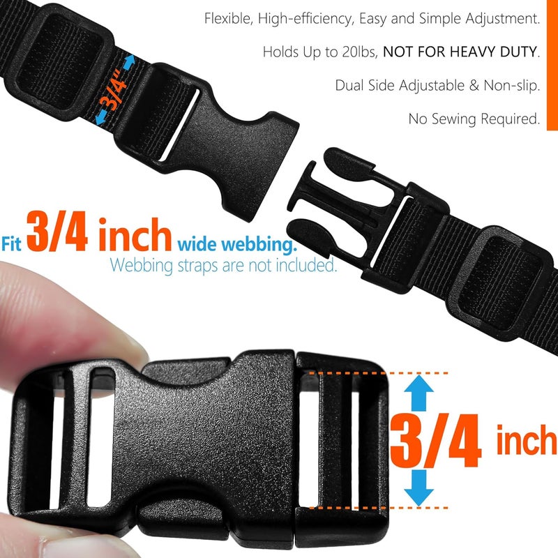 LASIGHT Buckles for 3/4 inch Wide Webbing Straps: Quick Side Release Buckles 10 set and Tri-Glide Slide 20 pcs Fit 0.75" Nylon Web Belt, Plastic Snap Fastener Clip Replacement Dual Adjustable - Image 2