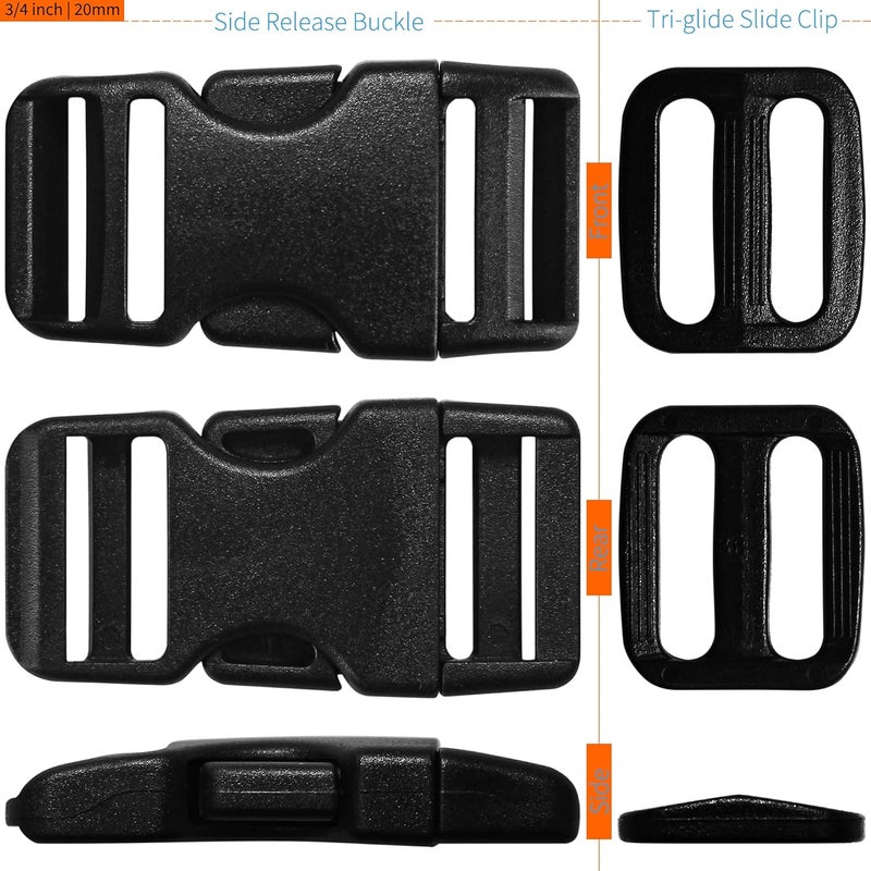 LASIGHT Buckles for 3/4 inch Wide Webbing Straps: Quick Side Release Buckles 10 set and Tri-Glide Slide 20 pcs Fit 0.75" Nylon Web Belt, Plastic Snap Fastener Clip Replacement Dual Adjustable - Image 5