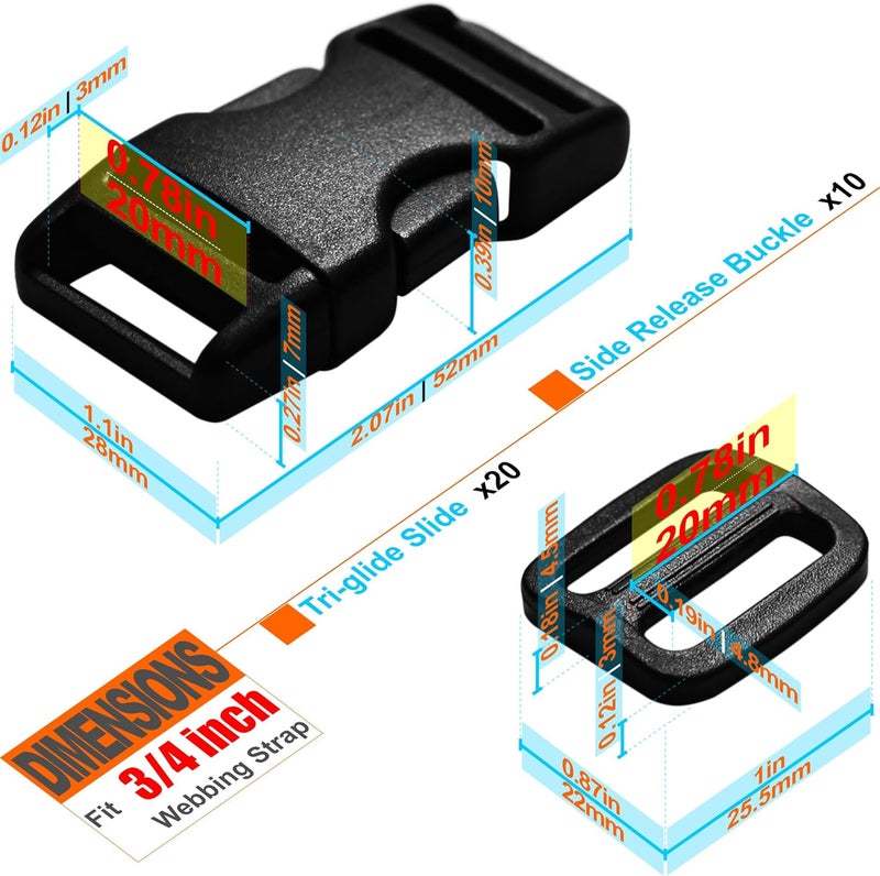 LASIGHT Buckles for 3/4 inch Wide Webbing Straps: Quick Side Release Buckles 10 set and Tri-Glide Slide 20 pcs Fit 0.75" Nylon Web Belt, Plastic Snap Fastener Clip Replacement Dual Adjustable - Image 3