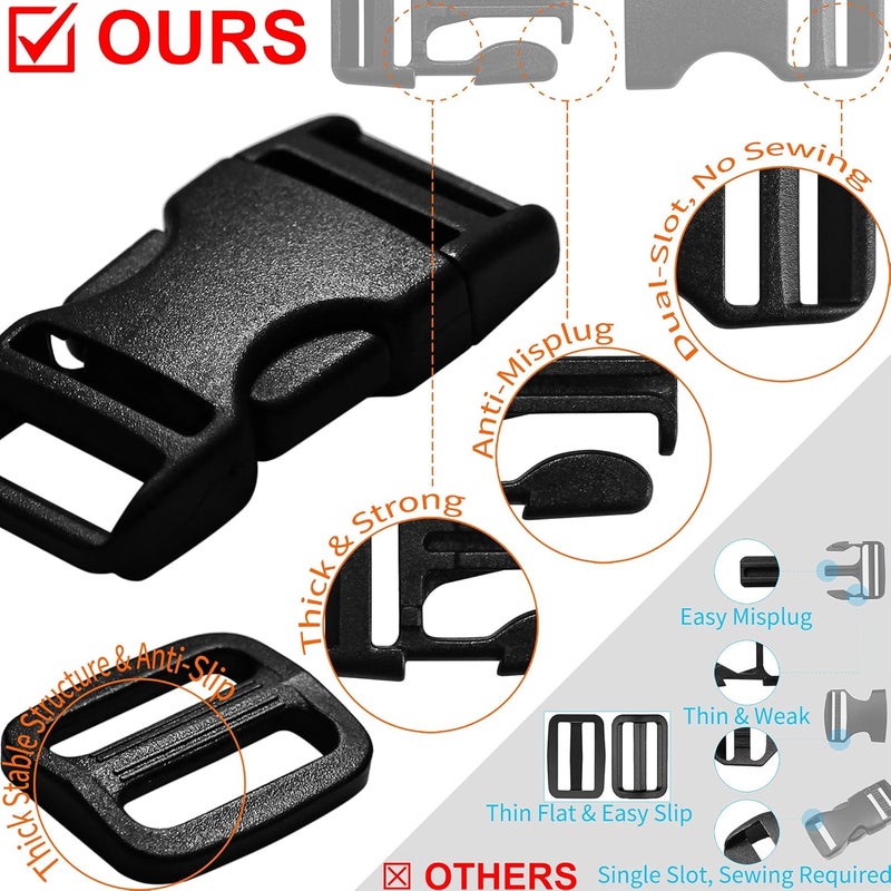LASIGHT Buckles for 3/4 inch Wide Webbing Straps: Quick Side Release Buckles 10 set and Tri-Glide Slide 20 pcs Fit 0.75" Nylon Web Belt, Plastic Snap Fastener Clip Replacement Dual Adjustable - Image 4