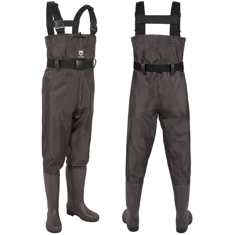 TIDEWE Bootfoot Chest Wader, 2-Ply Nylon/PVC Waterproof Fishing & Hunting Waders with Boot Hanger for Men and Women Brown Size 9 - Image 2