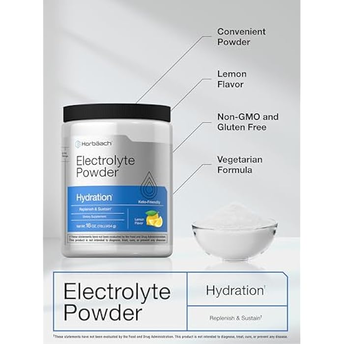 Horbäach Electrolytes Powder | 16 oz | 130 Servings | Hydration Supplement | Vegetarian | Keto-Friendly | Non-GMO, Gluten Free Formula | Lemon Flavor - Image 4