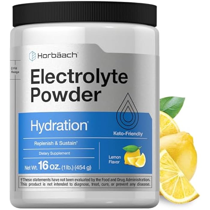 Horbäach Electrolytes Powder | 16 oz | 130 Servings | Hydration Supplement | Vegetarian | Keto-Friendly | Non-GMO, Gluten Free Formula | Lemon Flavor - Image 1