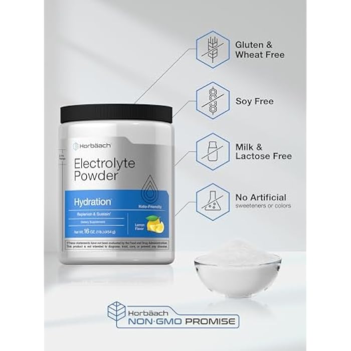 Horbäach Electrolytes Powder | 16 oz | 130 Servings | Hydration Supplement | Vegetarian | Keto-Friendly | Non-GMO, Gluten Free Formula | Lemon Flavor - Image 5
