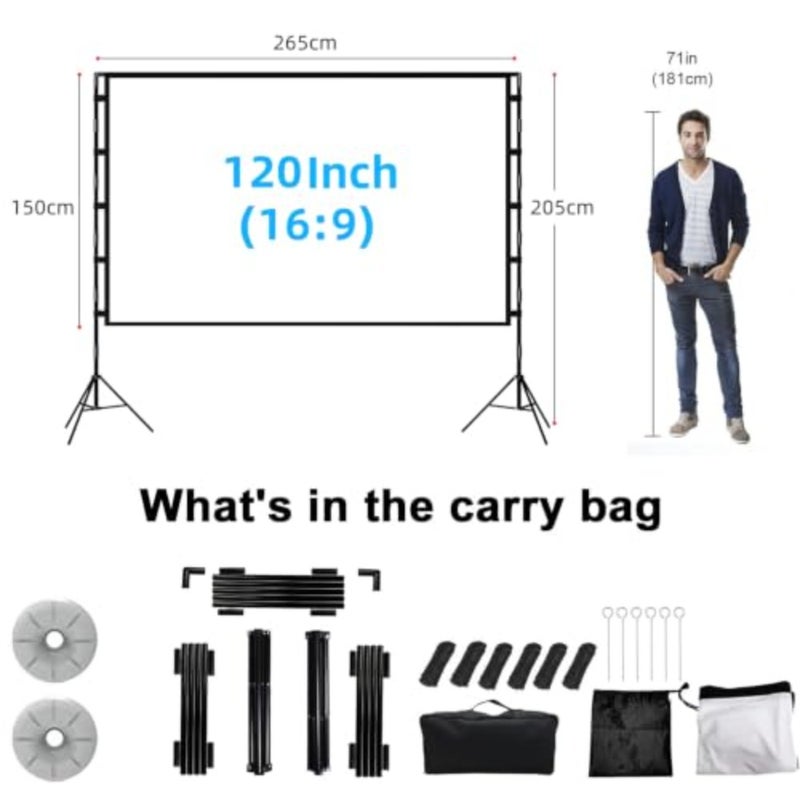 Outdoor/indoor projector screen with stand, 120-inch 16:9 PVC white matte surface, height-adjustable pull-down design, portable with carry bag, supports Full HD and 4K - Image 4
