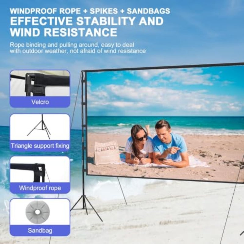 Outdoor/indoor projector screen with stand, 120-inch 16:9 PVC white matte surface, height-adjustable pull-down design, portable with carry bag, supports Full HD and 4K - Image 5