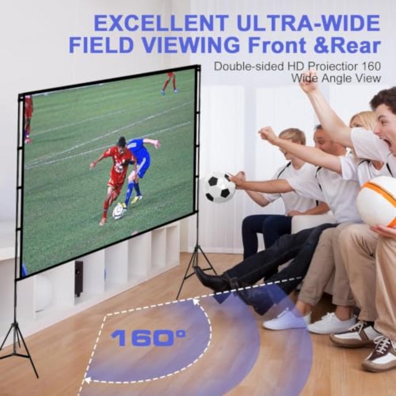 Outdoor/indoor projector screen with stand, 120-inch 16:9 PVC white matte surface, height-adjustable pull-down design, portable with carry bag, supports Full HD and 4K - Image 2