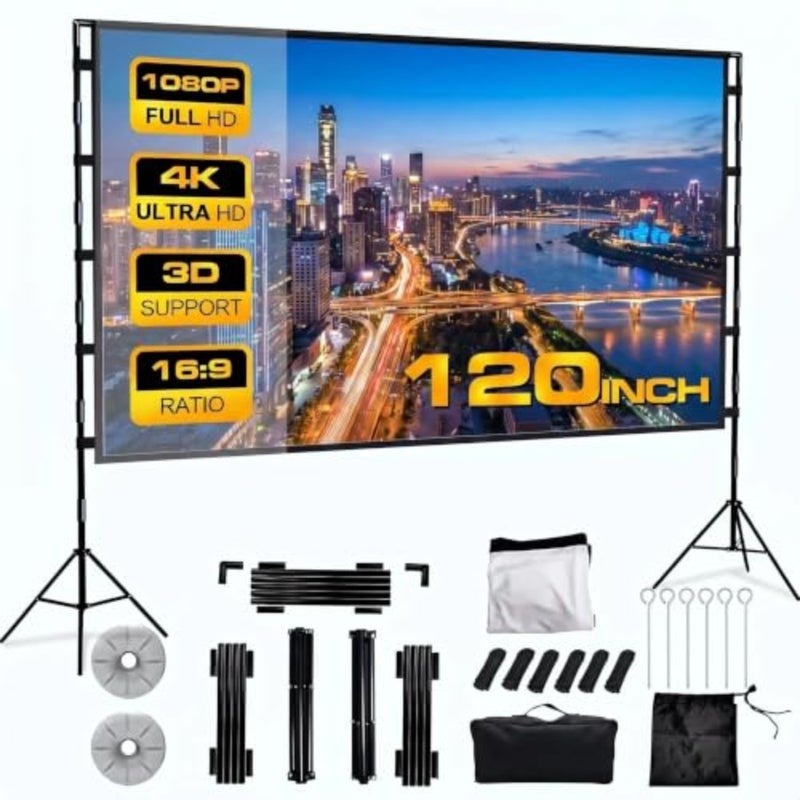 Outdoor/indoor projector screen with stand, 120-inch 16:9 PVC white matte surface, height-adjustable pull-down design, portable with carry bag, supports Full HD and 4K - Image 1