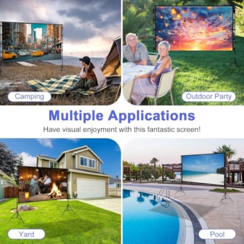 Outdoor/indoor projector screen with stand, 120-inch 16:9 PVC white matte surface, height-adjustable pull-down design, portable with carry bag, supports Full HD and 4K - Image 3