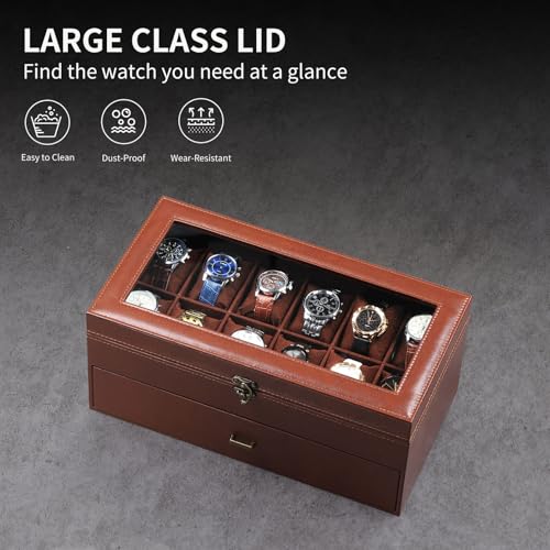 AUTOARK Leather & Velvet 12 Watch Box Jewelry Case and 6 Piece Sunglass Eyeglasses Organizer,2 Layers with 1 Drawer,Lockable,Large Glass Top,MKAW041 - Image 5