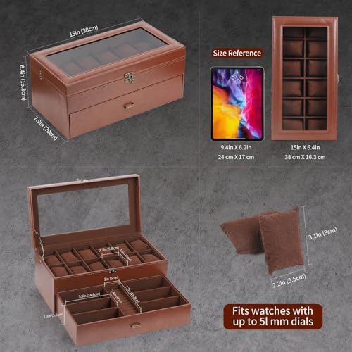 AUTOARK Leather & Velvet 12 Watch Box Jewelry Case and 6 Piece Sunglass Eyeglasses Organizer,2 Layers with 1 Drawer,Lockable,Large Glass Top,MKAW041 - Image 2