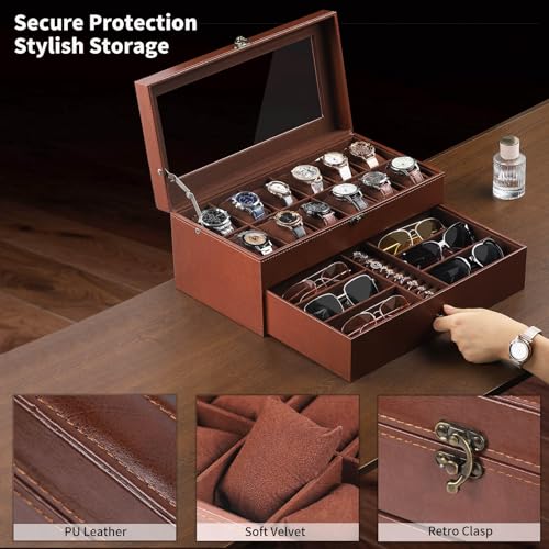 AUTOARK Leather & Velvet 12 Watch Box Jewelry Case and 6 Piece Sunglass Eyeglasses Organizer,2 Layers with 1 Drawer,Lockable,Large Glass Top,MKAW041 - Image 3