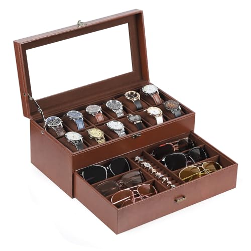 AUTOARK Leather & Velvet 12 Watch Box Jewelry Case and 6 Piece Sunglass Eyeglasses Organizer,2 Layers with 1 Drawer,Lockable,Large Glass Top,MKAW041 - Image 1