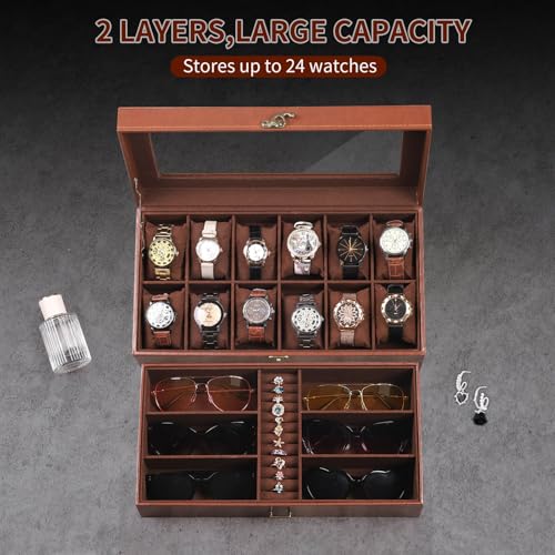 AUTOARK Leather & Velvet 12 Watch Box Jewelry Case and 6 Piece Sunglass Eyeglasses Organizer,2 Layers with 1 Drawer,Lockable,Large Glass Top,MKAW041 - Image 4