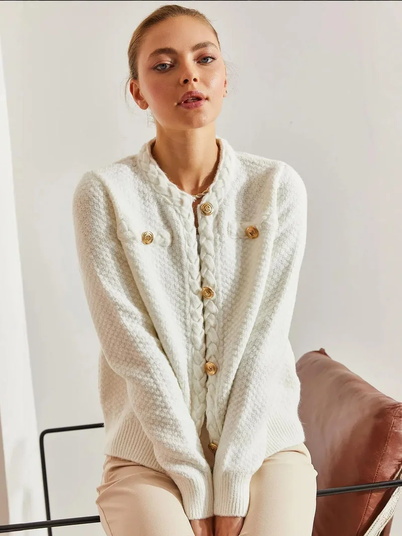 Bianco Lucci White LUCCI Textured Knitwear Cardigan with Button Closure for Women | Best Price UAE