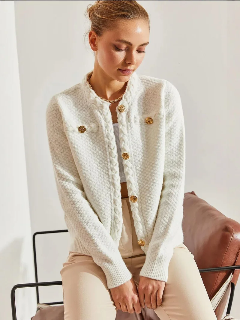 Bianco Lucci White LUCCI Textured Knitwear Cardigan with Button Closure for Women | Best Price UAE