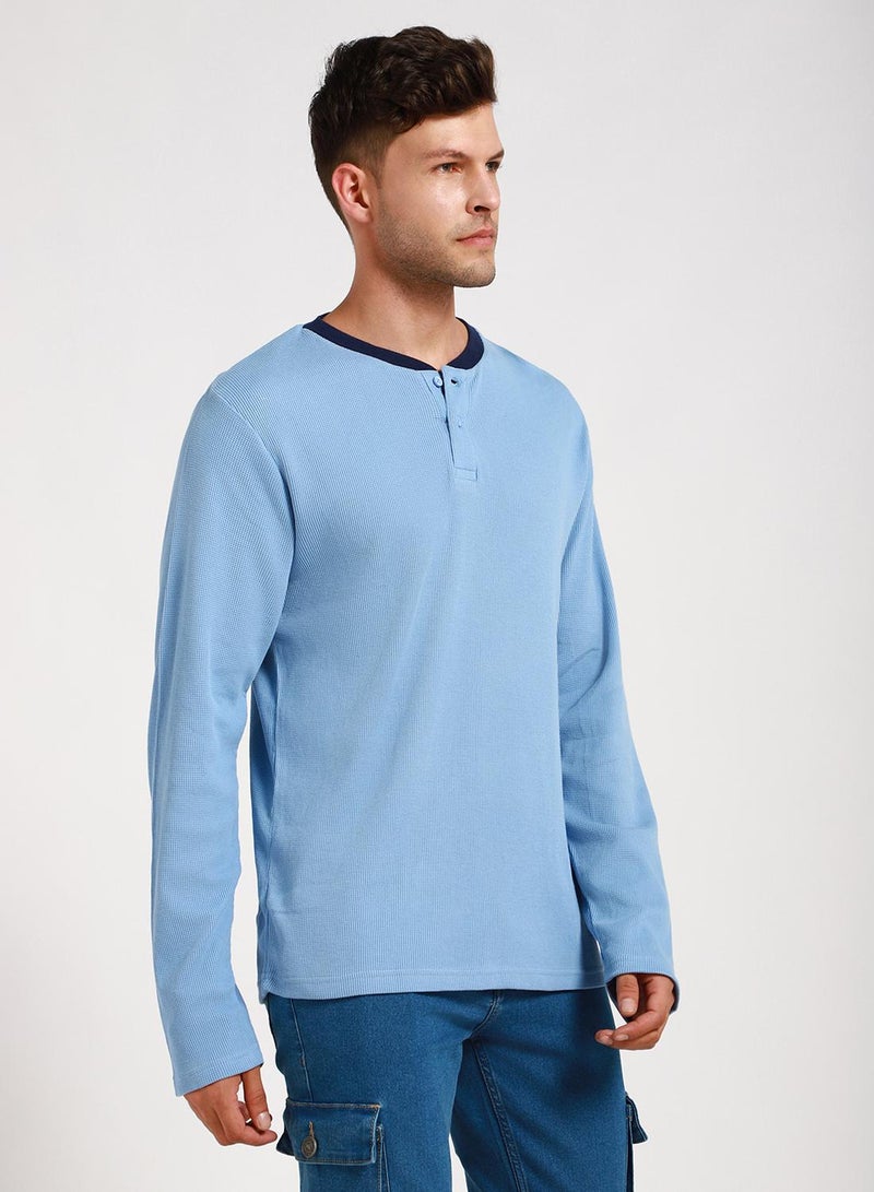 Dennis Lingo Men's Light Blue 100% Cotton Solid Pattern Slim Fit T-Shirt - Image 3