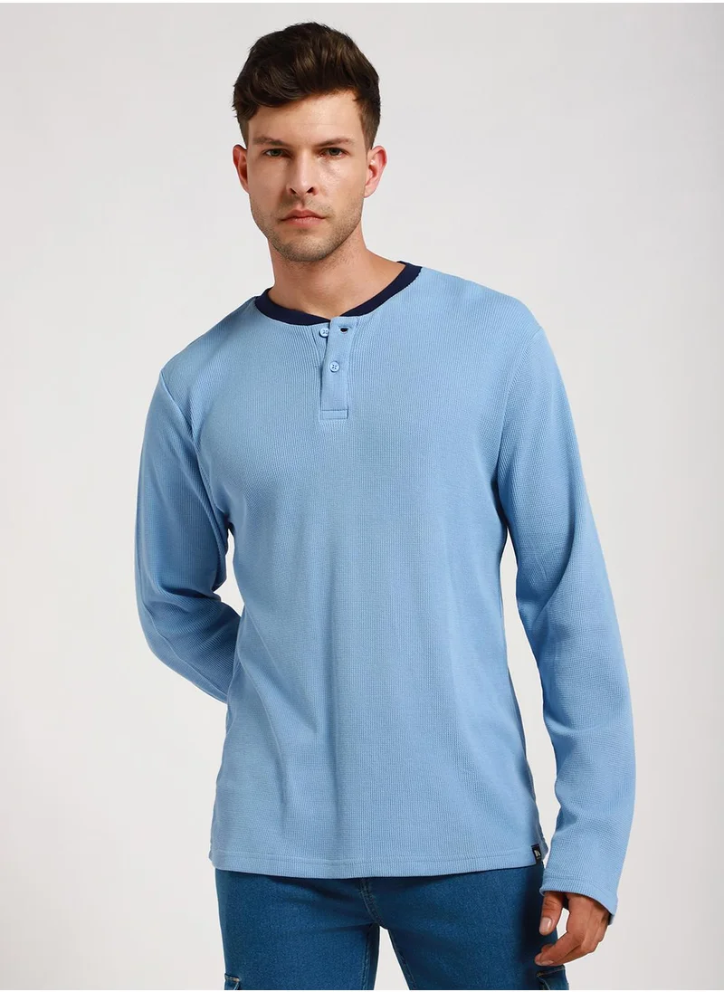 Dennis Lingo Light Blue Slim Fit Solid Henley Neck T-shirt for Men - 100% Cotton, Full Sleeve, Casual