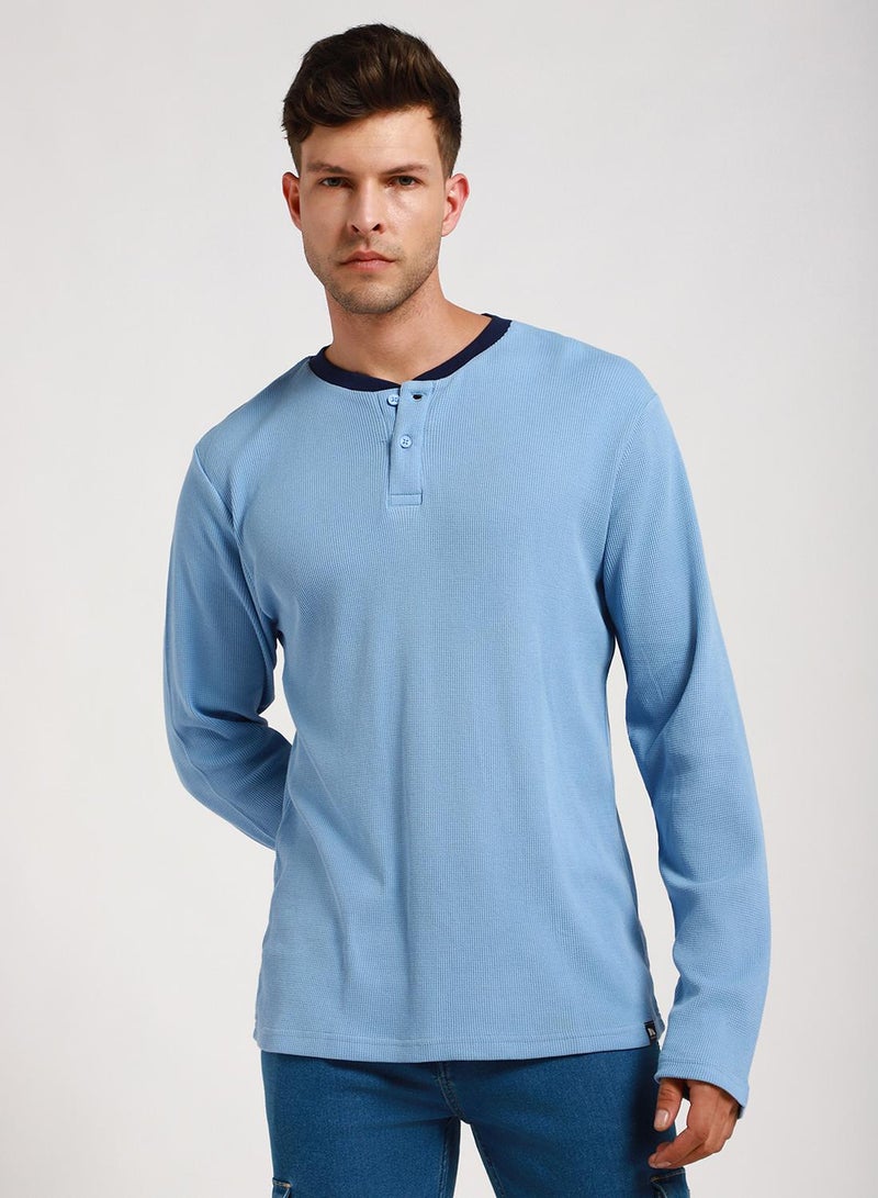 Dennis Lingo Men's Light Blue 100% Cotton Solid Pattern Slim Fit T-Shirt - Image 2