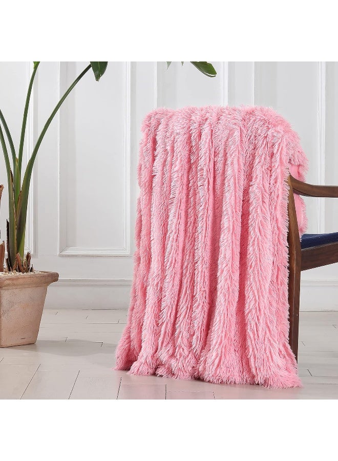 Tuddrom Decorative Extra Soft Faux Fur Throw Blanket 50"x60",Solid Reversible Fuzzy Double Layers Long Hair Shaggy Blanket,Fluffy Cozy Plush Fleece Comfy Microfiber Blanket for Couch Sofa Bed,Pink - Image 5